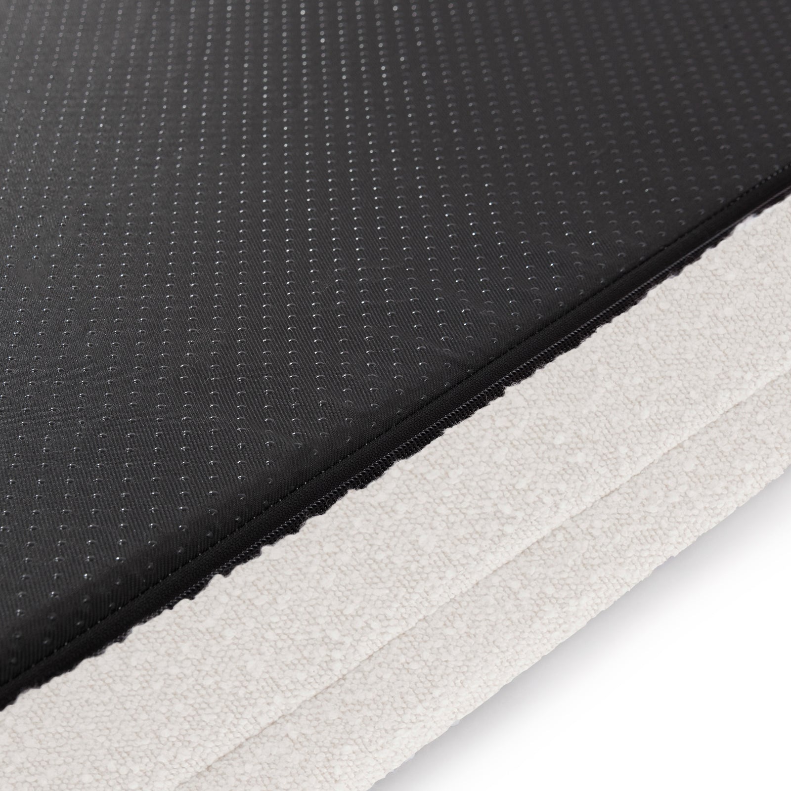 Close-up of Tyro Luxe Large Orthopedic Pet Bed – Light Beige, showcasing its textured boucle fabric, hidden zipper, and memory foam structure, designed for comfort and support of large pets.