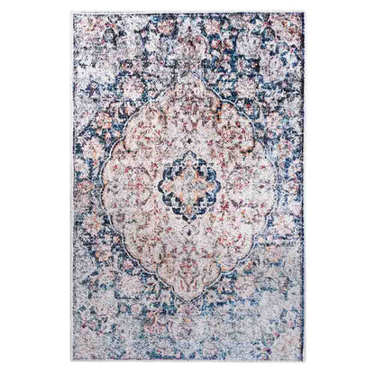 Ariza 200cmx300cm Large Persian Silky Indoor Floor Rug featuring a central scalloped medallion and intricate floral patterns, showcasing a gently distressed, vintage Oriental-style design.