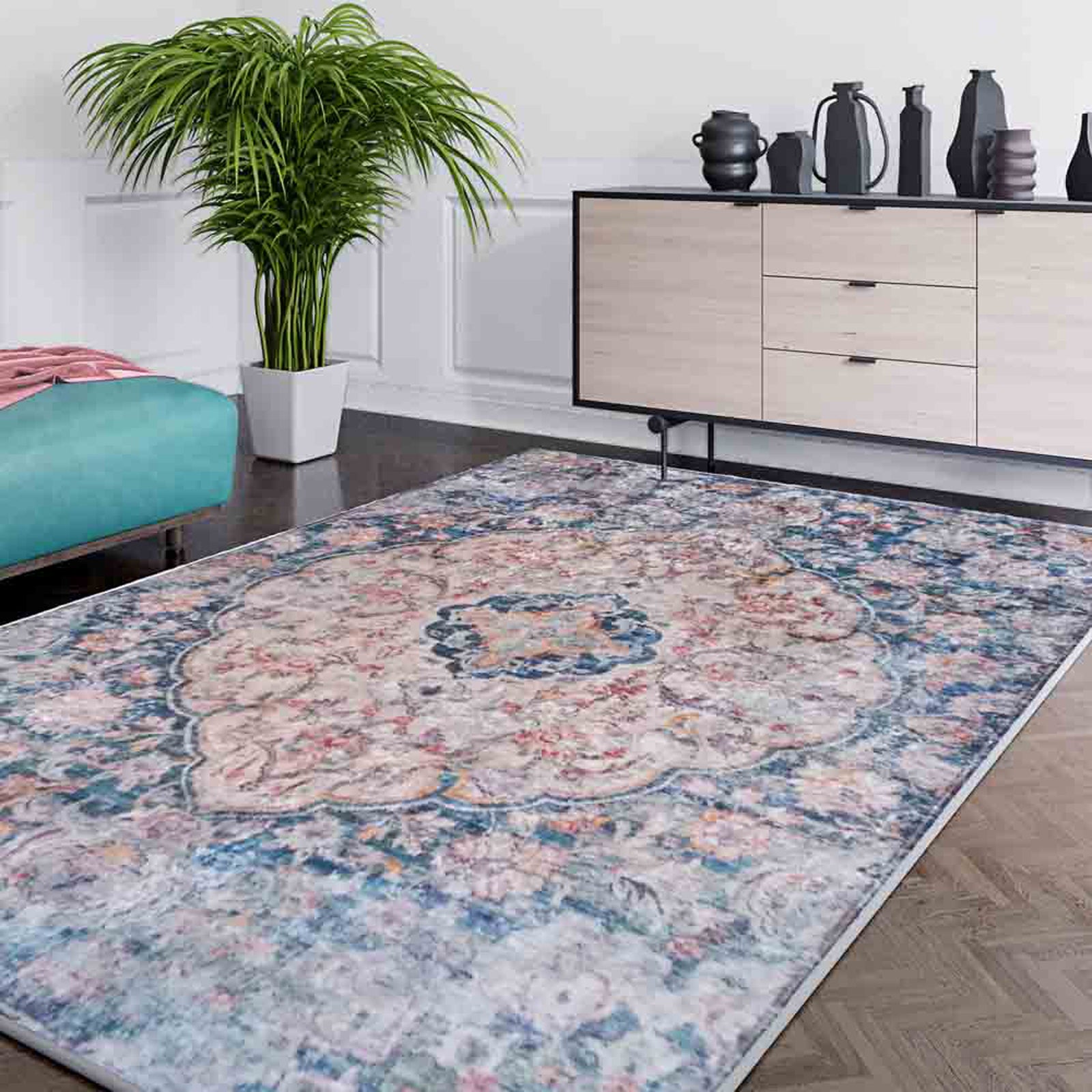 Ariza 200cmx300cm Large Persian Silky Indoor Floor Rug showcasing a central medallion and floral motifs in muted pastels, enhancing a modern living room with a vintage feel.