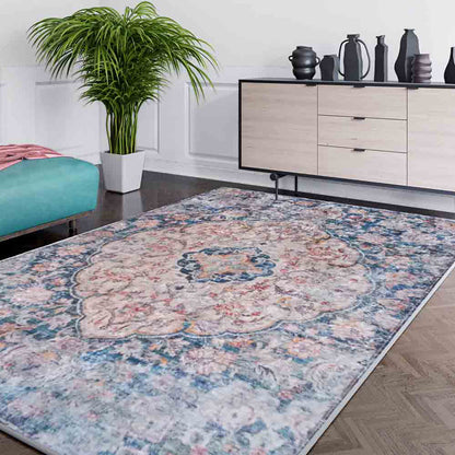 Ariza 200cmx300cm Large Persian Silky Indoor Floor Rug showcasing a central medallion and floral motifs in muted pastels, enhancing a modern living room with a vintage feel.