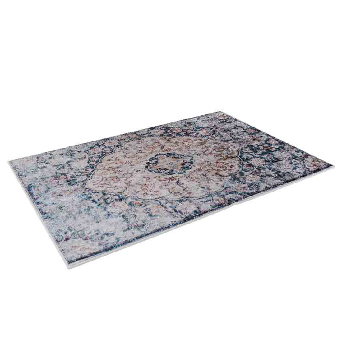 Ariza 200cmx300cm Large Persian Silky Indoor Floor Rug with a distressed vintage design features a central medallion and scrolling floral motifs in cream, soft blues, greys, and rose accents.