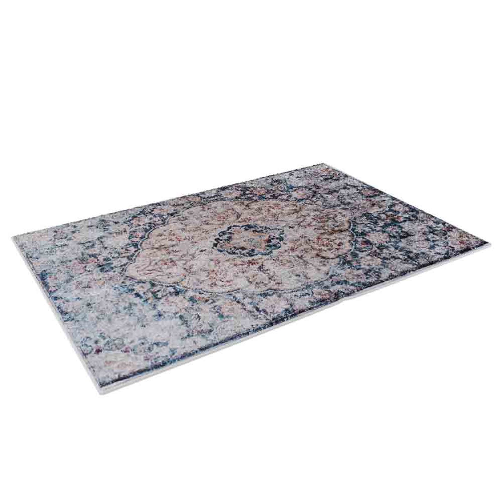 Ariza 200cmx300cm Large Persian Silky Indoor Floor Rug with a distressed vintage design features a central medallion and scrolling floral motifs in cream, soft blues, greys, and rose accents.