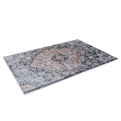 Ariza 200cmx300cm Large Persian Silky Indoor Floor Rug with a distressed vintage design features a central medallion and scrolling floral motifs in cream, soft blues, greys, and rose accents.