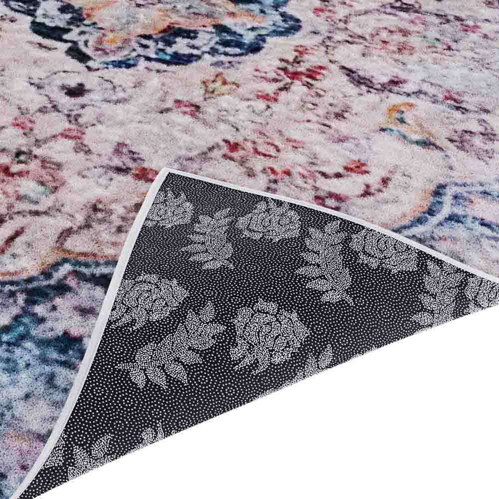 Ariza 200cmx300cm Large Persian Silky Indoor Floor Rug with a multicolored, watercolor-style pattern in pastel pinks, blues, and grays, shown with anti-slip black floral-patterned underside.