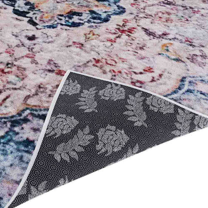 Ariza 200cmx300cm Large Persian Silky Indoor Floor Rug with a multicolored, watercolor-style pattern in pastel pinks, blues, and grays, shown with anti-slip black floral-patterned underside.