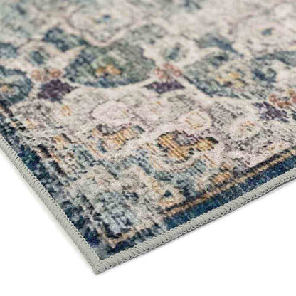Close-up of Ariza 200cmx300cm Large Persian Silky Indoor Floor Rug, showcasing its over-locked edge and distressed ornamental pattern with muted tones, exemplifying its vintage, Persian-inspired design.
