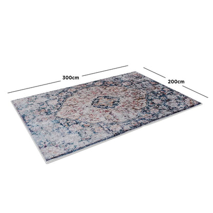 Ariza 200cmx300cm Large Persian Silky Indoor Floor Rug displays a vintage-style medallion pattern with a distressed look, featuring intricate floral designs, perfect for high-traffic areas.