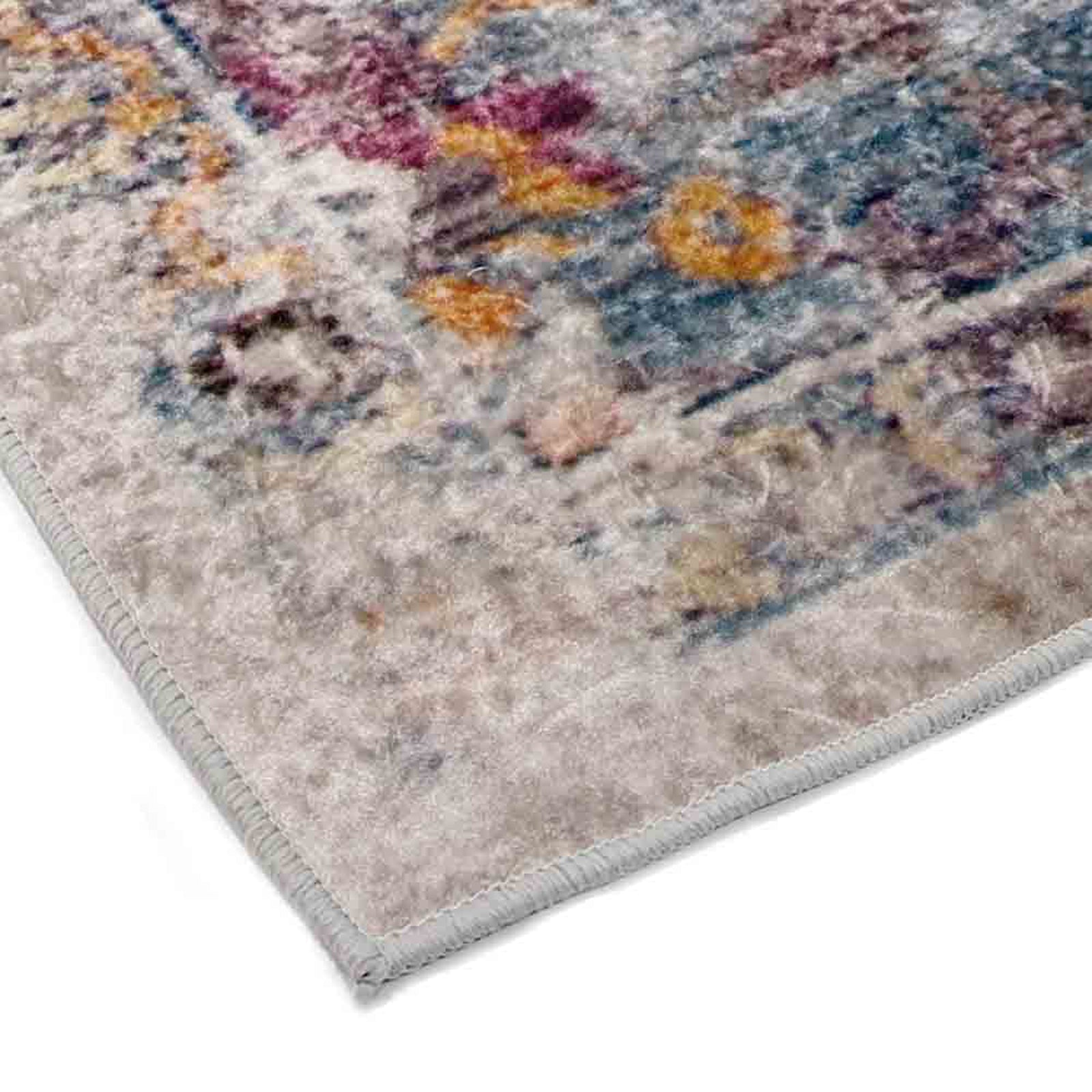 Close-up of Arwani 200x300cm Large Traditional Persian Indoor Rug, showcasing bound edge and abstract floral pattern in muted tones, emphasizing its luxurious, vintage-inspired design and soft texture.