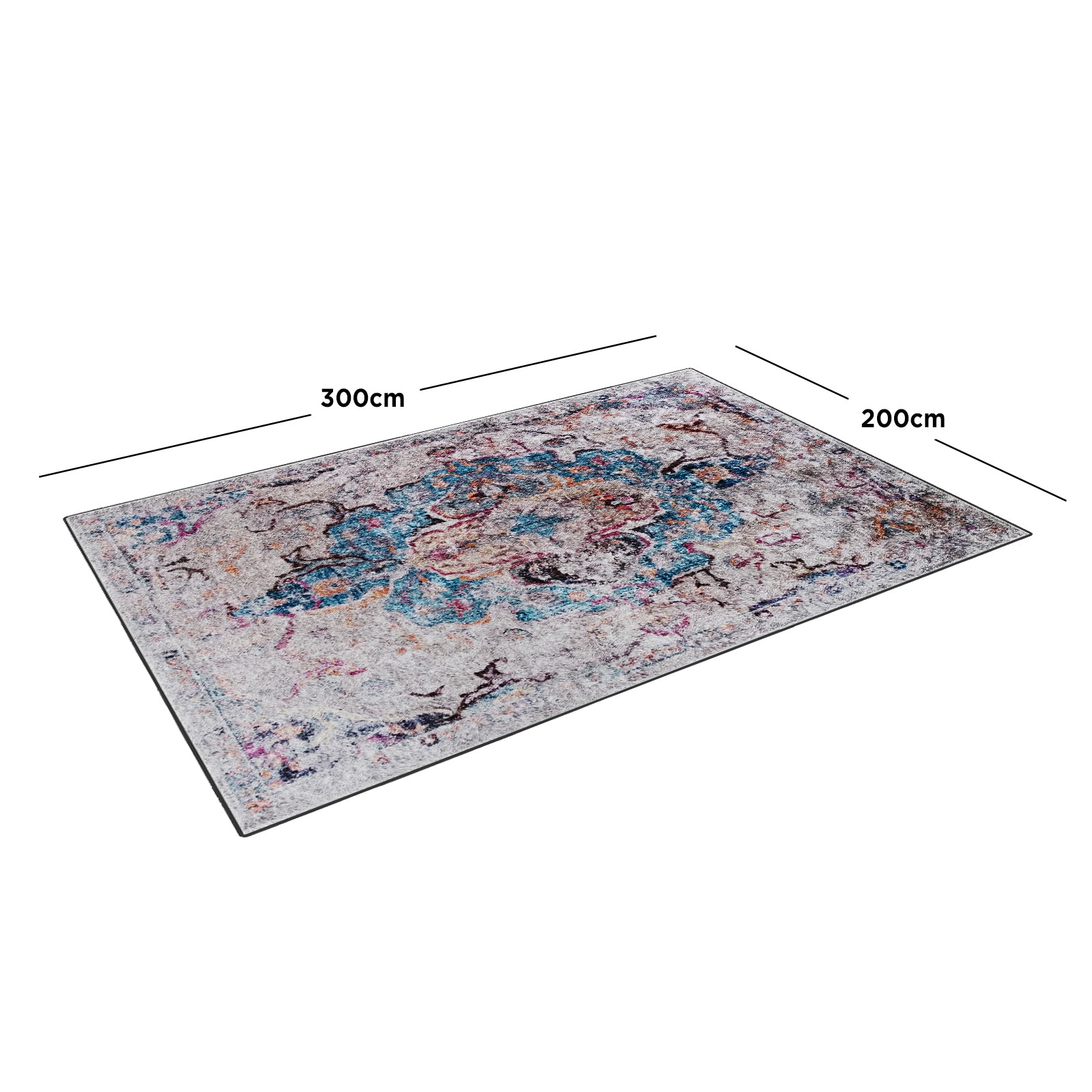 Arwani 200x300cm Large Traditional Persian Indoor Rug with a distressed medallion pattern viewed at an angle, highlighting its vintage style and soft, luxurious texture.