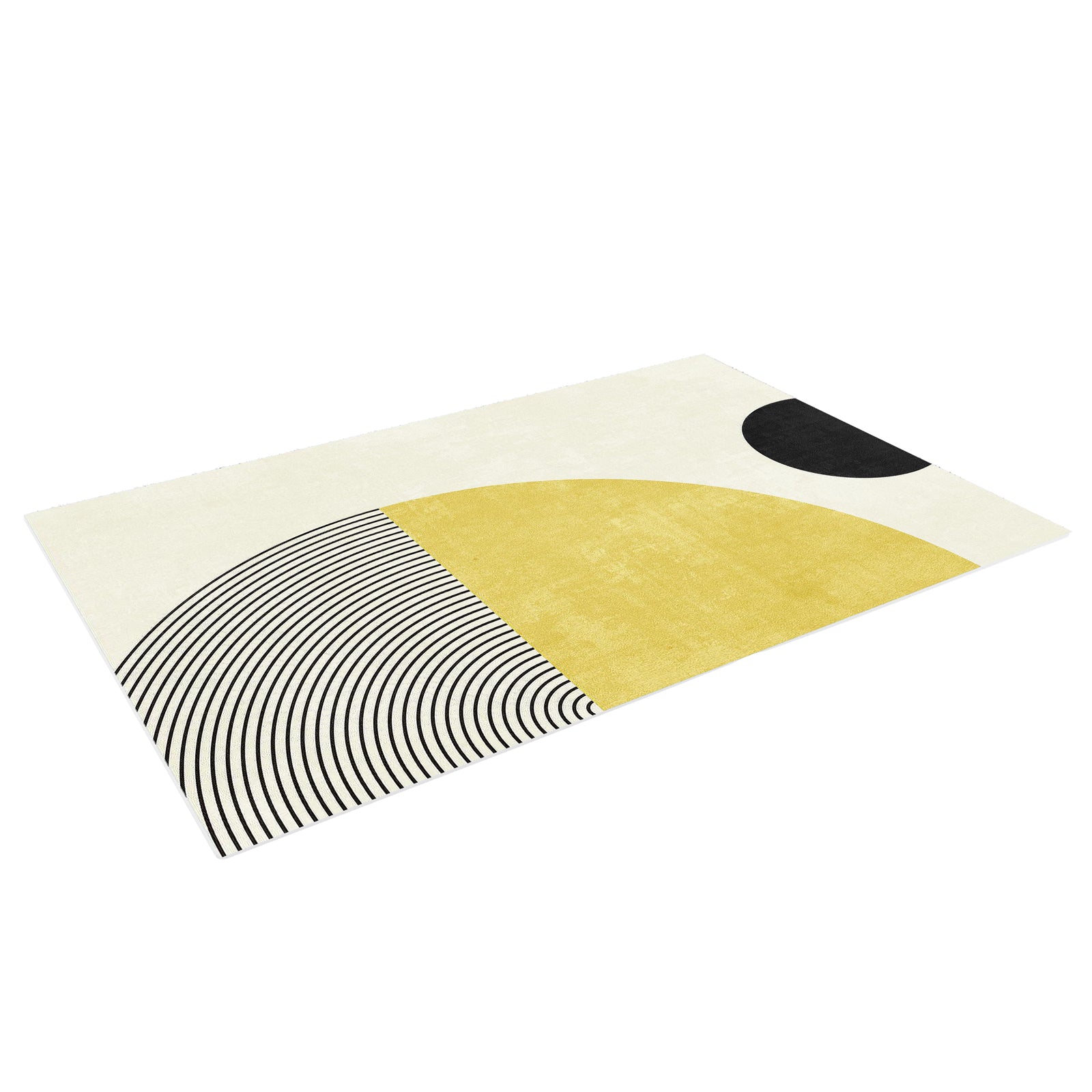 Axland Modern Abstract Rug 160x230cm features an off-white background with bold yellow and black geometric shapes, including semicircles and arcs, creating a strikingly modern and abstract design.