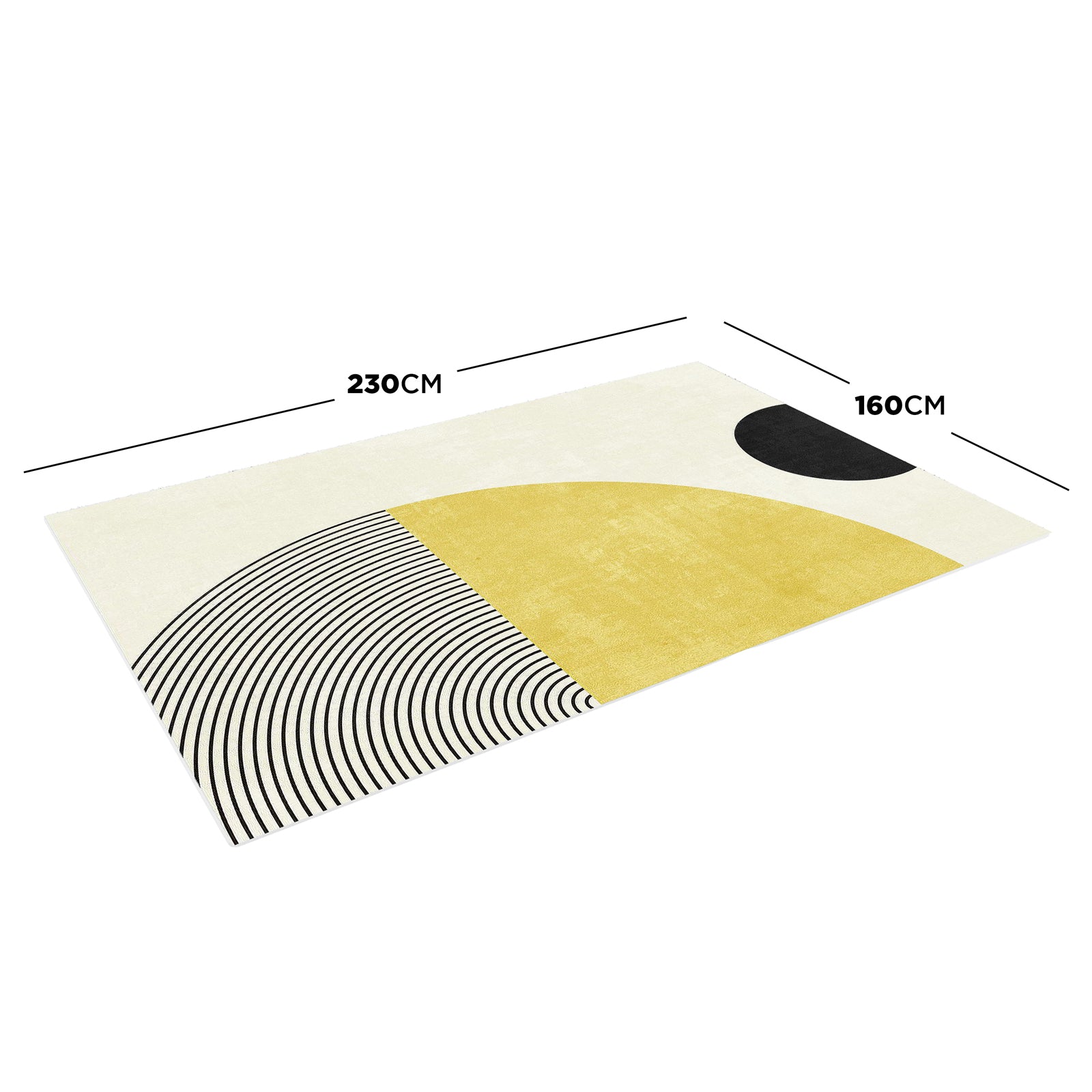Axland Modern Abstract Rug 160x230cm features a cream background with a soft yellow semi-circle, black concentric arcs, and a black dot, showcasing geometric elegance in a balanced design.