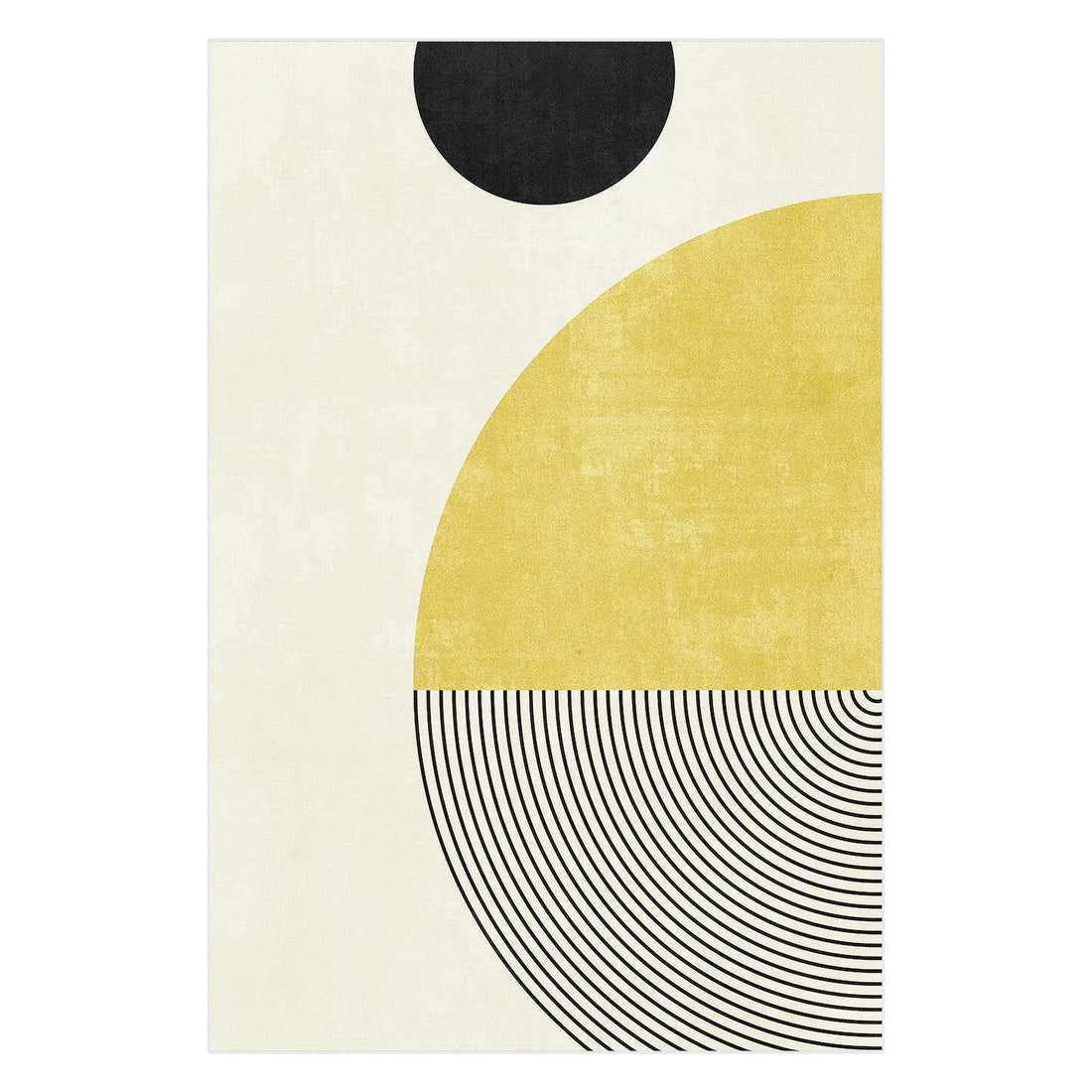 Axland Modern Abstract Floor Rug 200 x 300cm featuring bold geometric shapes: a black semicircle, mustard-yellow semicircle, and concentric arcs on a light background, offering a clean, modern aesthetic.