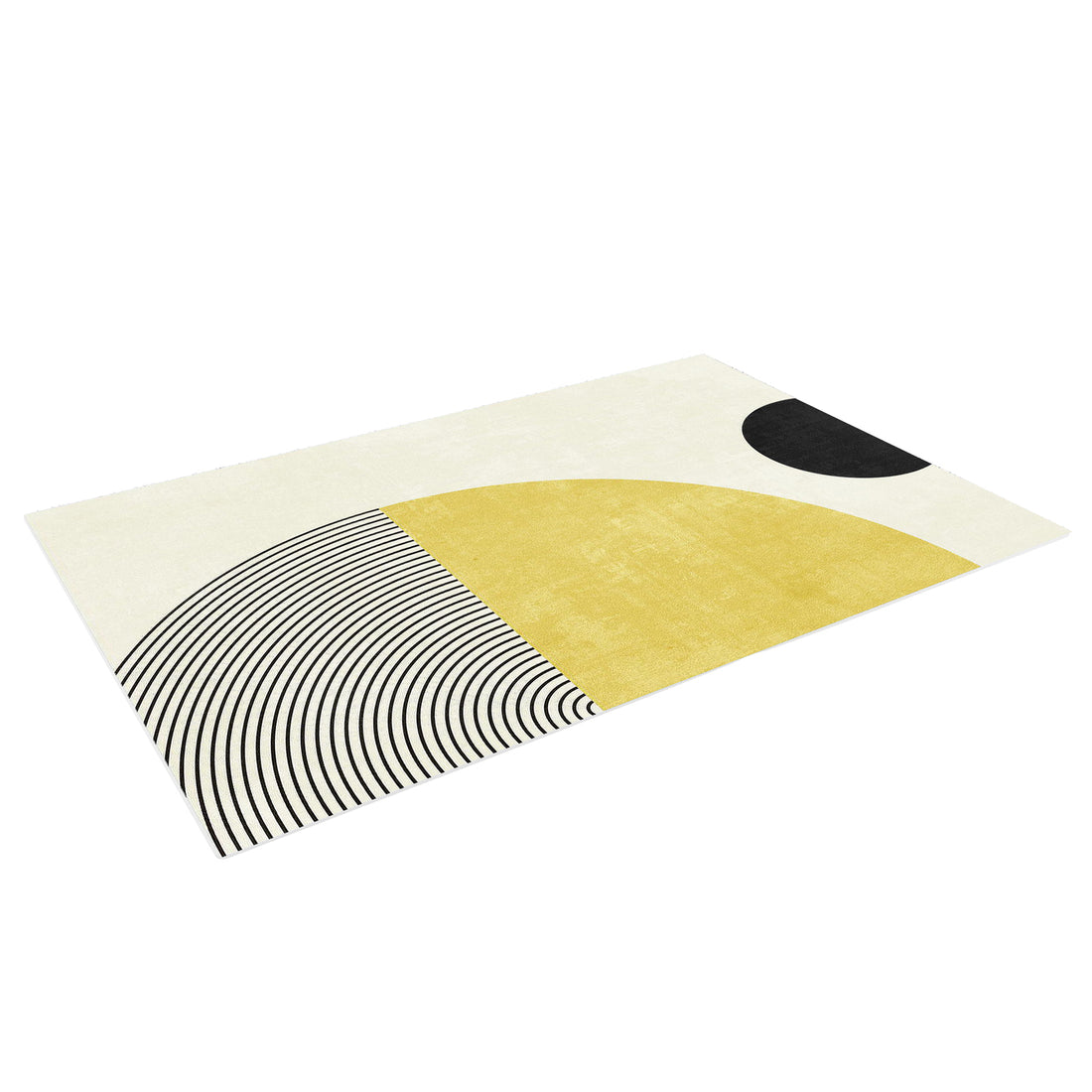 Axland Modern Abstract Floor Rug 200 x 300cm features a minimalist design with a large yellow semicircle, black striped arc-lines, and a small black semicircle on a light background.