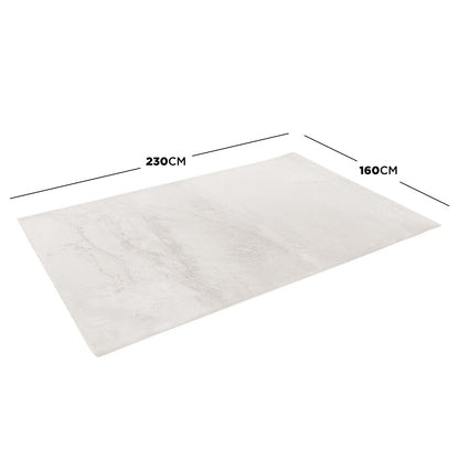 Azaliya 160x230cm Faux Rabbit Fur Floor Rug in Cream White, featuring a plush shag-style texture on a flat surface, with dimension lines showing 230 cm length and 160 cm width.