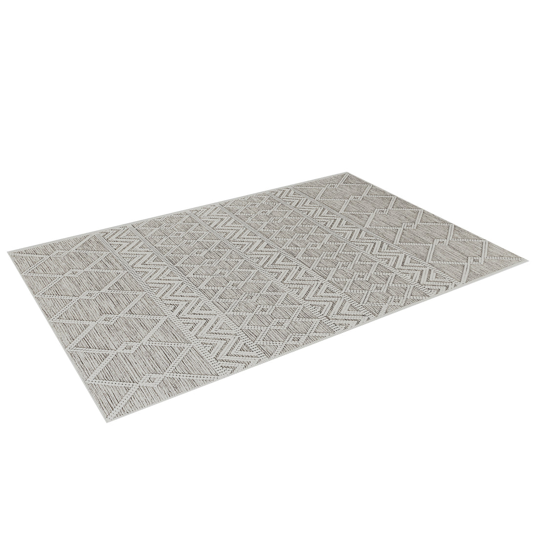 Benita Modern Abstract Tufted Rug 120x180cm displays geometric patterns in cream and light gray/beige, featuring diamonds, zig-zags, and linear textures, perfect for enhancing living room décor and floor protection.