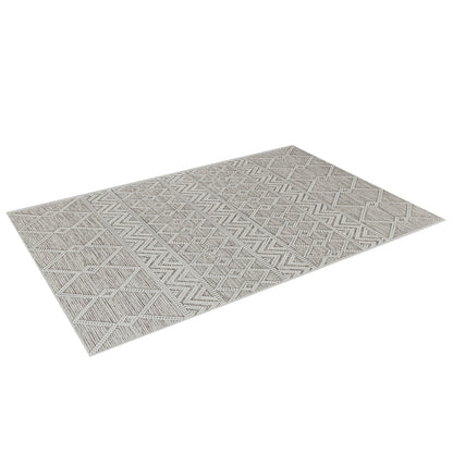 Benita Modern Abstract Tufted Rug 120x180cm displays geometric patterns in cream and light gray/beige, featuring diamonds, zig-zags, and linear textures, perfect for enhancing living room décor and floor protection.
