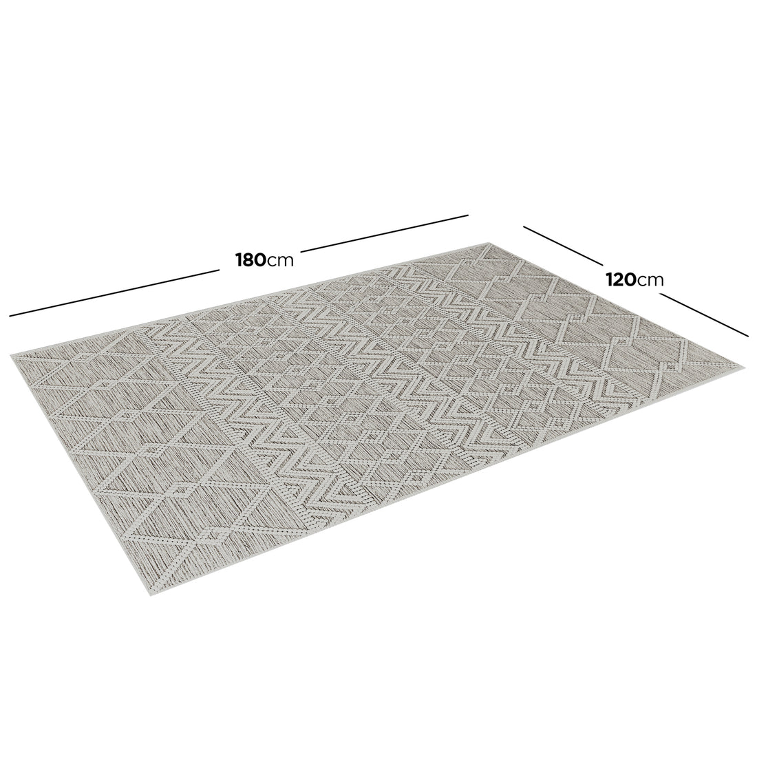 Benita Modern Abstract Tufted Rug 120x180cm features a flat-weave design with a neutral geometric pattern of diamonds and zig-zags, ideal for adding style and protection to living spaces.