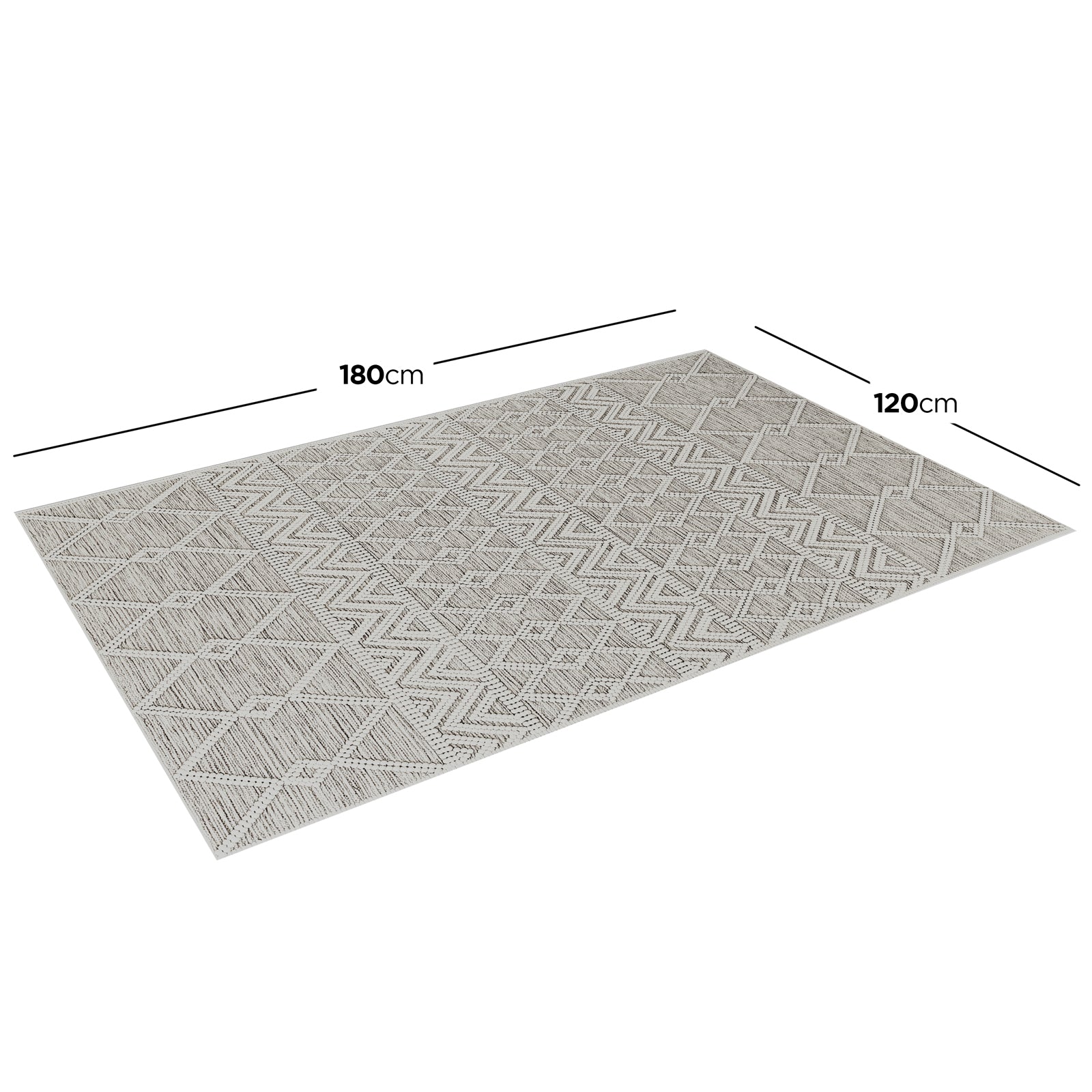 Benita Modern Abstract Tufted Rug 120x180cm features a flat-weave design with a neutral geometric pattern of diamonds and zig-zags, ideal for adding style and protection to living spaces.