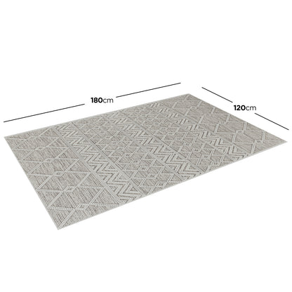 Benita Modern Abstract Tufted Rug 120x180cm features a flat-weave design with a neutral geometric pattern of diamonds and zig-zags, ideal for adding style and protection to living spaces.