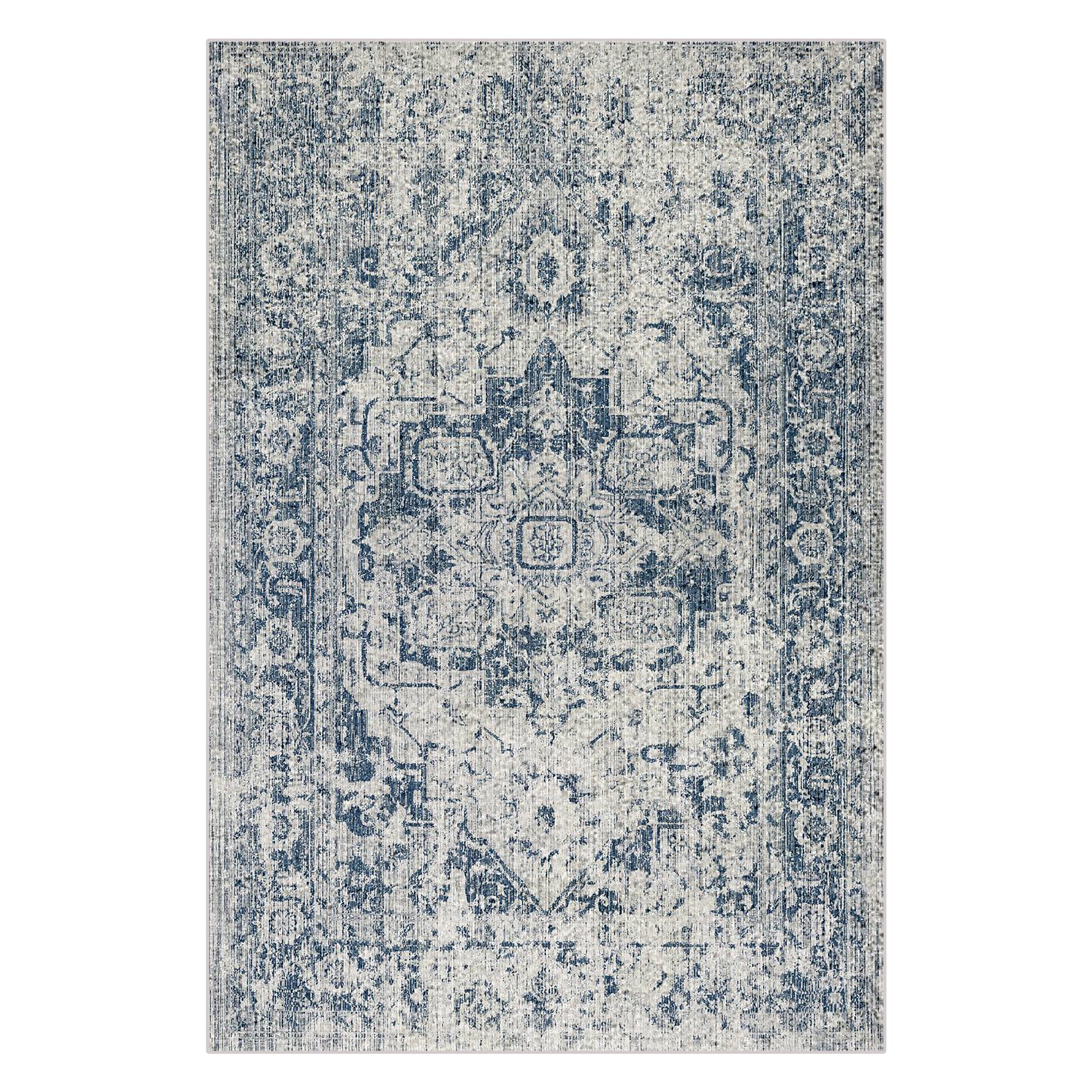 Boda 200x300cm Distressed Persian Silky Indoor Floor Rug featuring a vintage medallion pattern in muted denim-blue tones on a light, faded ivory background, with a silky smooth, low-pile polyester texture.