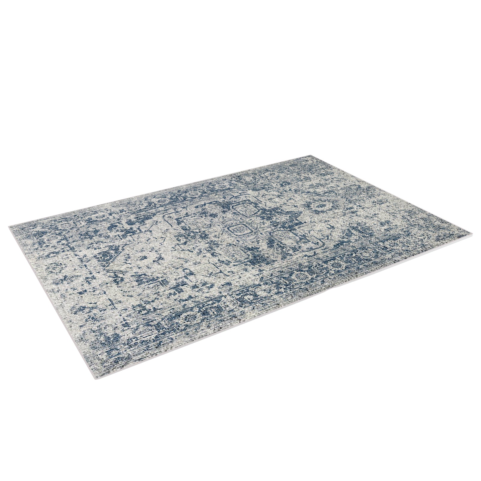 Boda 200x300cm Distressed Persian Silky Indoor Floor Rug with blue and off-white vintage-style medallion and border design, featuring a smooth texture and anti-slip backing.