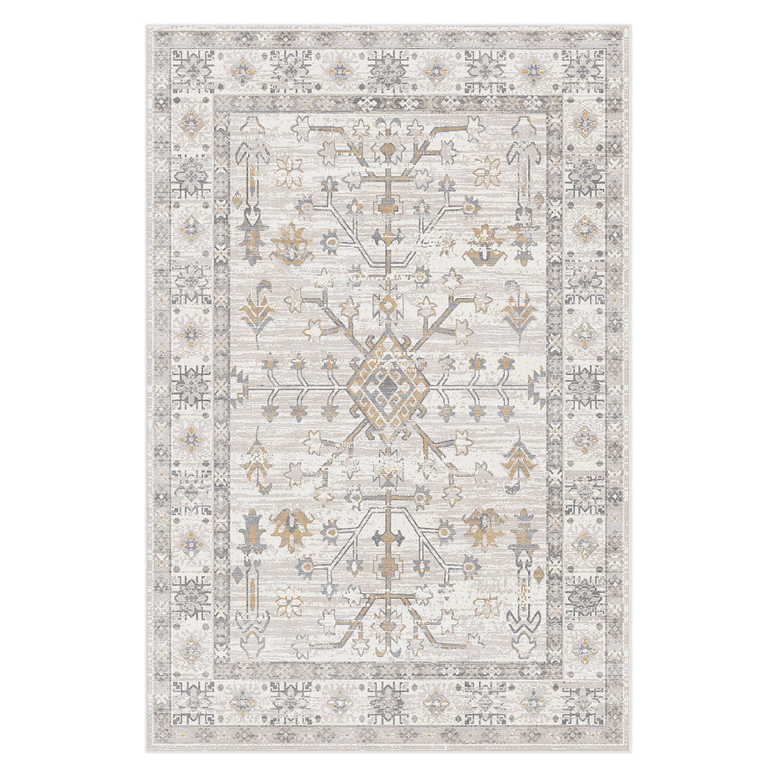 Bortan Persian Indoor Rug 120x180cm, featuring a distressed-look with a central medallion and border motif in muted tones, seamlessly blends style and comfort, crafted from plush polyester.