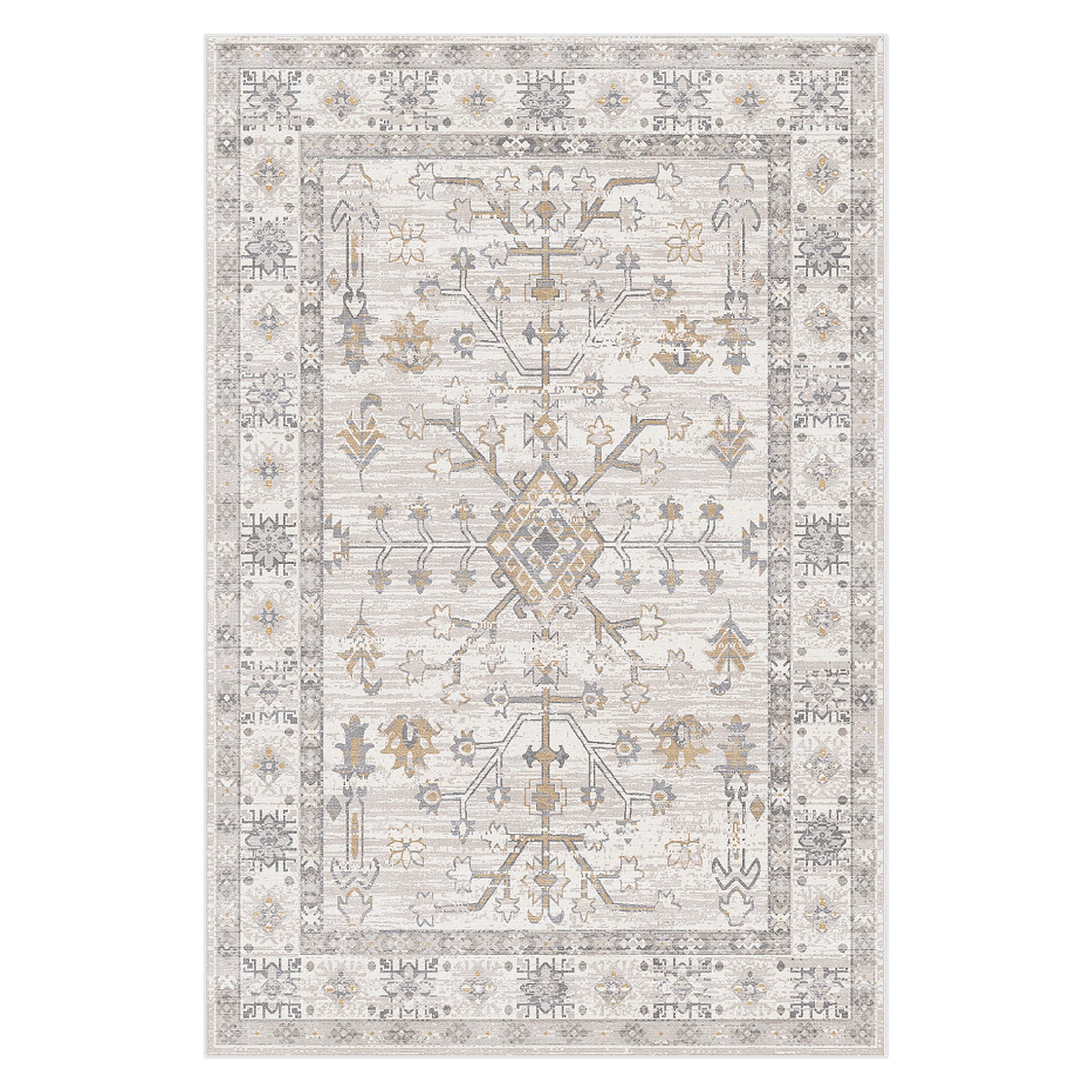 Bortan Persian Indoor Rug 160x230cm showcasing a vintage-inspired Oriental pattern with a central diamond medallion, floral motifs, and geometric border in neutral tones.
