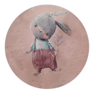 Bunny Rabbit Round Kids Rug 160x160cm features a cartoon rabbit holding a heart, providing a playful, soft space for children. Ideal for bedrooms or play areas, with anti-slip backing.