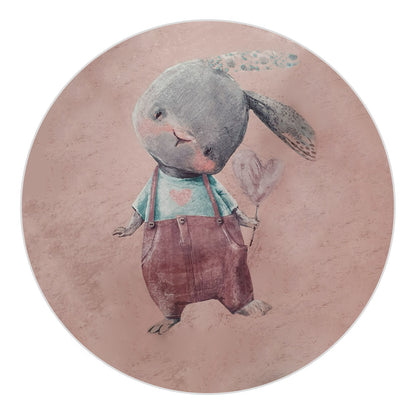 Bunny Rabbit Round Kids Rug 160x160cm features a cartoon rabbit holding a heart, providing a playful, soft space for children. Ideal for bedrooms or play areas, with anti-slip backing.