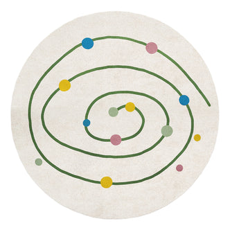 Callista 160cm Kids Round Colourful Spot Indoor Floor Rug features an off-white base with a green spiral and multi-hued dots, ideal for playful, contemporary decor in kids' spaces.