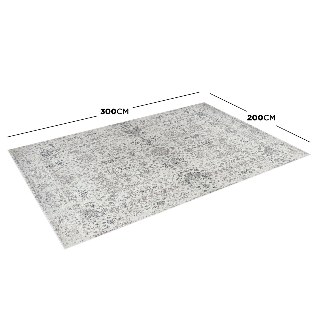 Cesco 200x300cm Polyester Persian Printed Indoor Floor Rug, featuring a large, flat-laid design with a subtle, distressed pattern in muted tones, displayed on a plain white background with labeled dimensions.