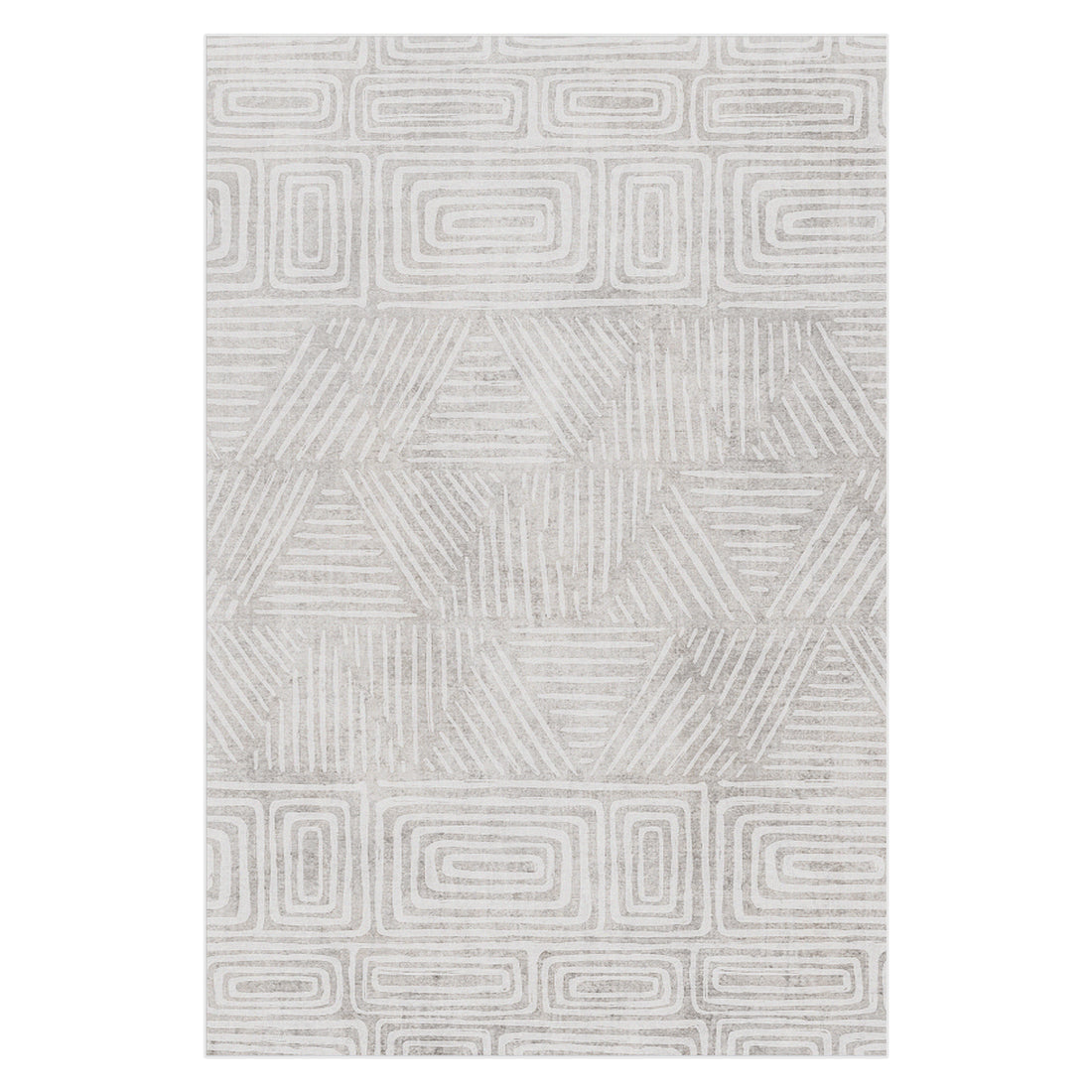 Duved 120x180cm Small Contemporary Indoor Floor Rug features a beige background with white hand-drawn geometric patterns, including concentric rectangles and interlocking triangles, offering a modern, slightly distressed look.
