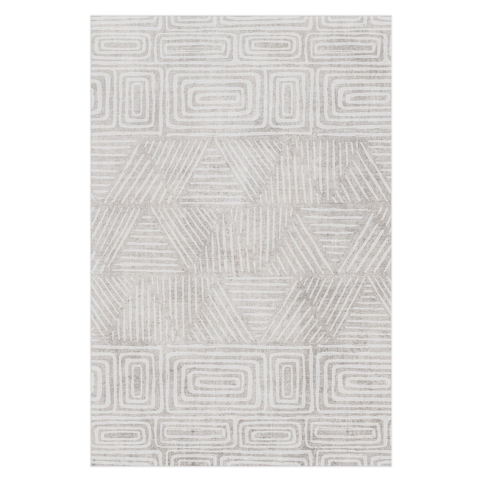 Duved 120x180cm Small Contemporary Indoor Floor Rug features a beige background with white hand-drawn geometric patterns, including concentric rectangles and interlocking triangles, offering a modern, slightly distressed look.