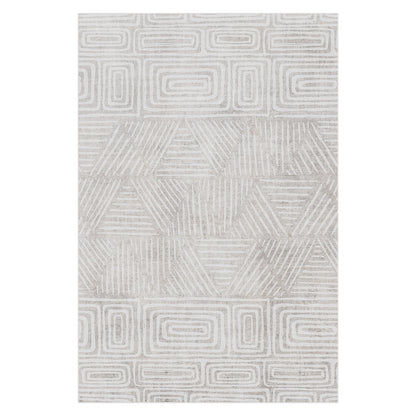 Duved 120x180cm Small Contemporary Indoor Floor Rug features a beige background with white hand-drawn geometric patterns, including concentric rectangles and interlocking triangles, offering a modern, slightly distressed look.