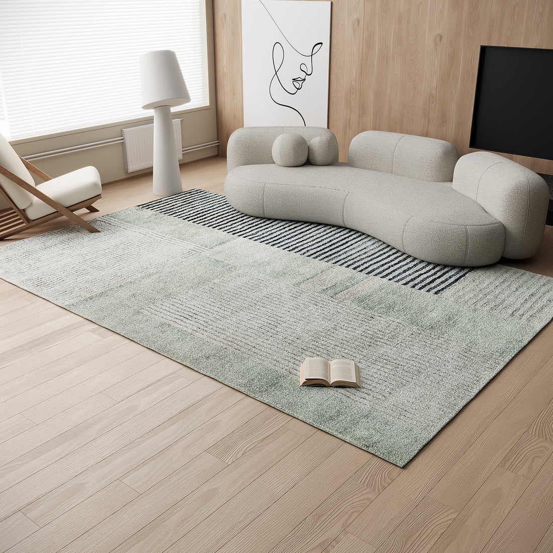 Elimas Soft Contemporary Printed Rug 160x230cm displayed on a carpeted floor, featuring a modern design. An open book and a lamp by a window enhance the cozy indoor setting.