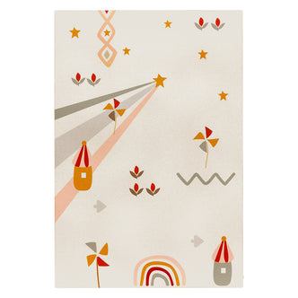 Elysia Funky Printed Kids Rug 160x230cm features a whimsical pattern with stars, flowers, leaves, houses, and rainbows on a neutral-cream backdrop, perfect for a playful nursery setting.