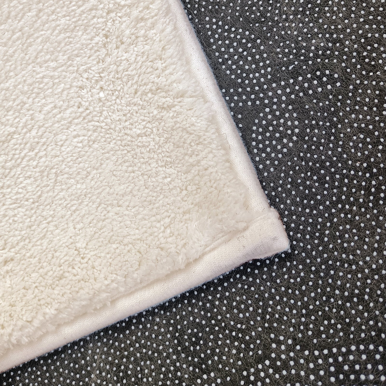 Close-up of Elysia Funky Printed Kids Rug 160x230cm, showcasing the plush white terry surface and dark anti-slip backing with white grip dots, highlighting its soft and secure design.