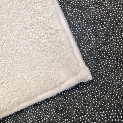 Close-up of Elysia Funky Printed Kids Rug 160x230cm, showcasing the plush white terry surface and dark anti-slip backing with white grip dots, highlighting its soft and secure design.