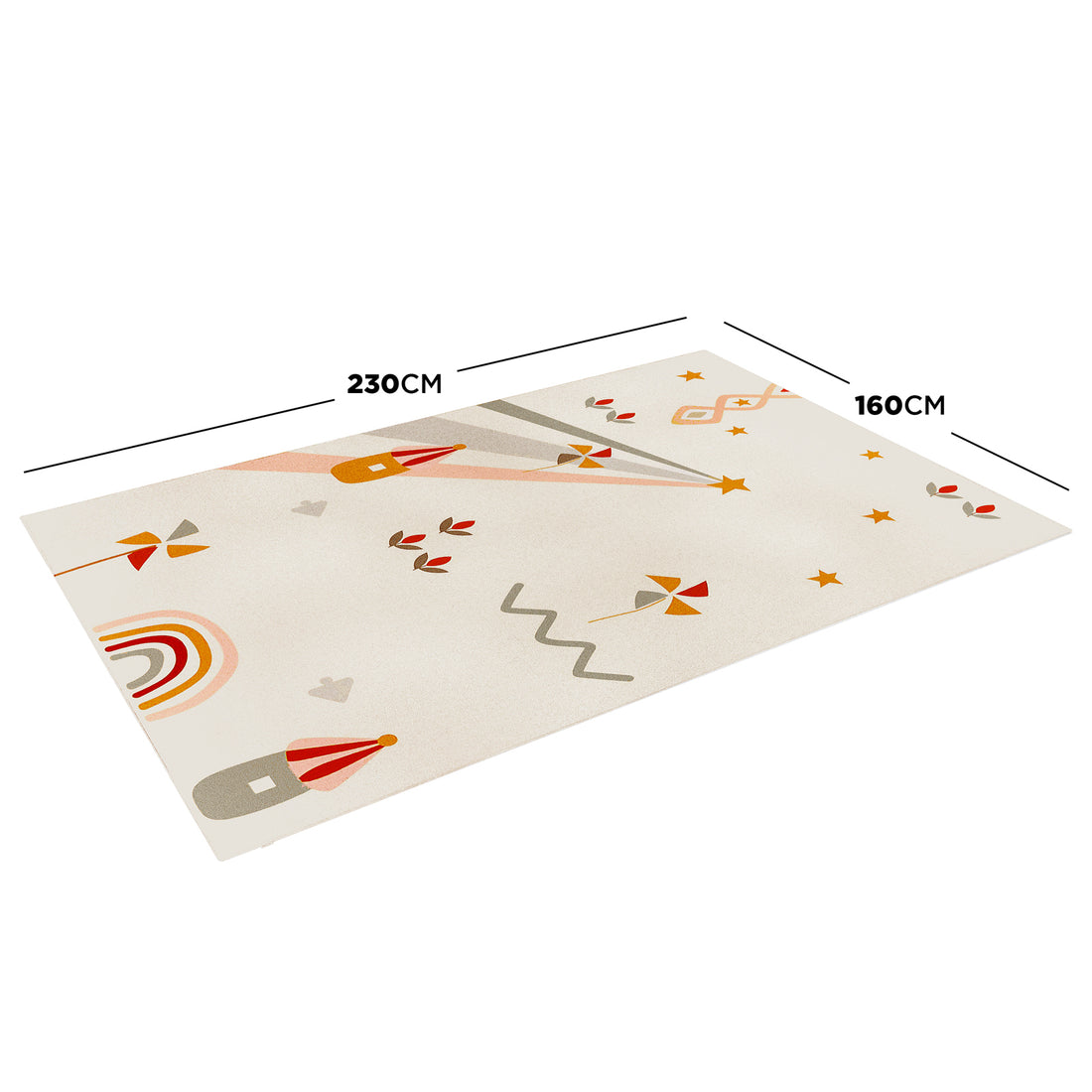 Elysia Funky Printed Kids Rug 160x230cm features a cream background with whimsical motifs like castle-towers, rainbows, and stars, creating a playful and inviting space for children.