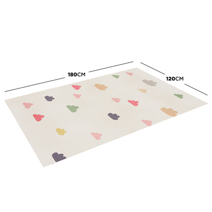 Evane 120x180cm Kids Cloud Modern Indoor Floor Rug on white background, featuring playful pastel cloud shapes on an off-white backdrop with dimension lines indicating size.