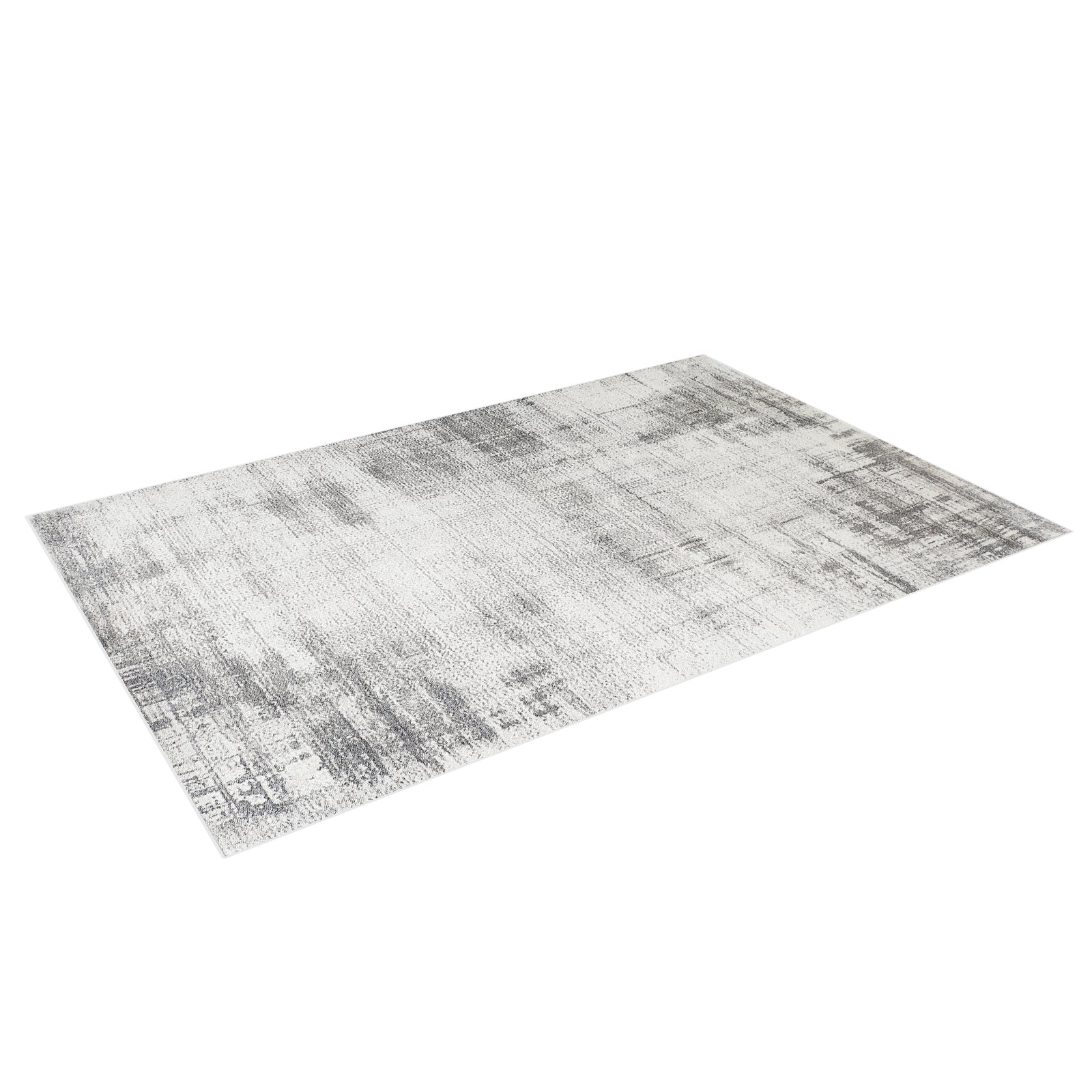 Franco 120x180cm Small Tufted Contemporary Indoor Rug features an abstract, distressed pattern in shades of gray and off-white, enhancing modern decor with its thin, plush design against a white background.
