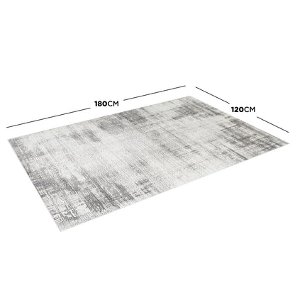 Franco 120x180cm Small Tufted Contemporary Indoor Rug with a distressed gray and off-white abstract pattern, displayed flat. Crafted from polyester with a plush pile, featuring anti-slip backing.