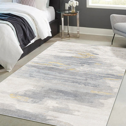 Getbo 160x230cm Medium Modern Indoor Floor Rug featuring a light gray and off-white abstract pattern with subtle gold accents, enhancing the modern bedroom's aesthetic with a luxurious touch.