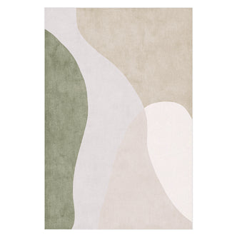 Gonas 120x180cm Small Abstract Indoor Floor Rug with overlapping organic shapes in muted olive, silvery-gray, sandy-beige, and creamy off-white, creating a minimalist and elegant design.