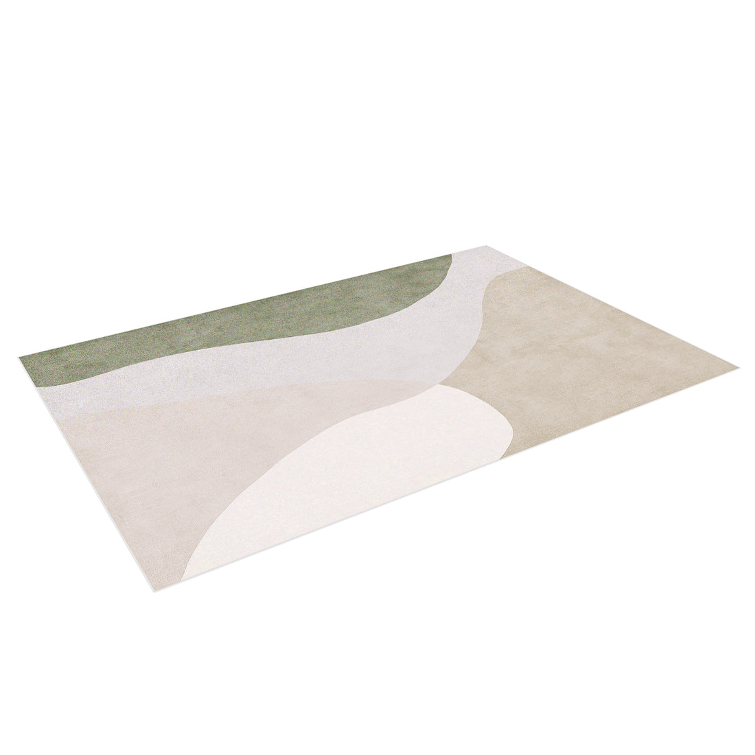 Gonas 160x230cm Medium Abstract Indoor Floor Rug with organic-shaped pattern in muted earth tones; overlapping fields of sage green, sandy beige, light taupe, and off-white on a white background.