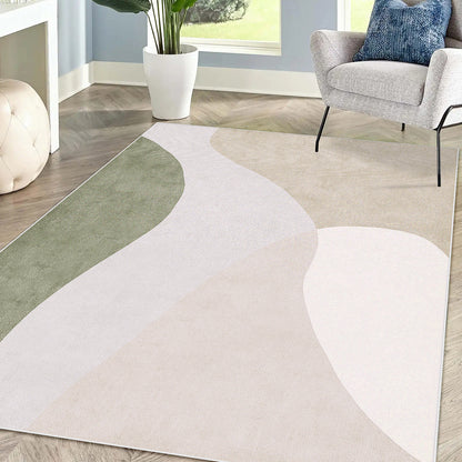 Gonas 200x300cm Large Abstract Indoor Floor Rug anchors a living room with its muted tones, under a mid-century armchair, round ottoman, and near a tall potted plant.