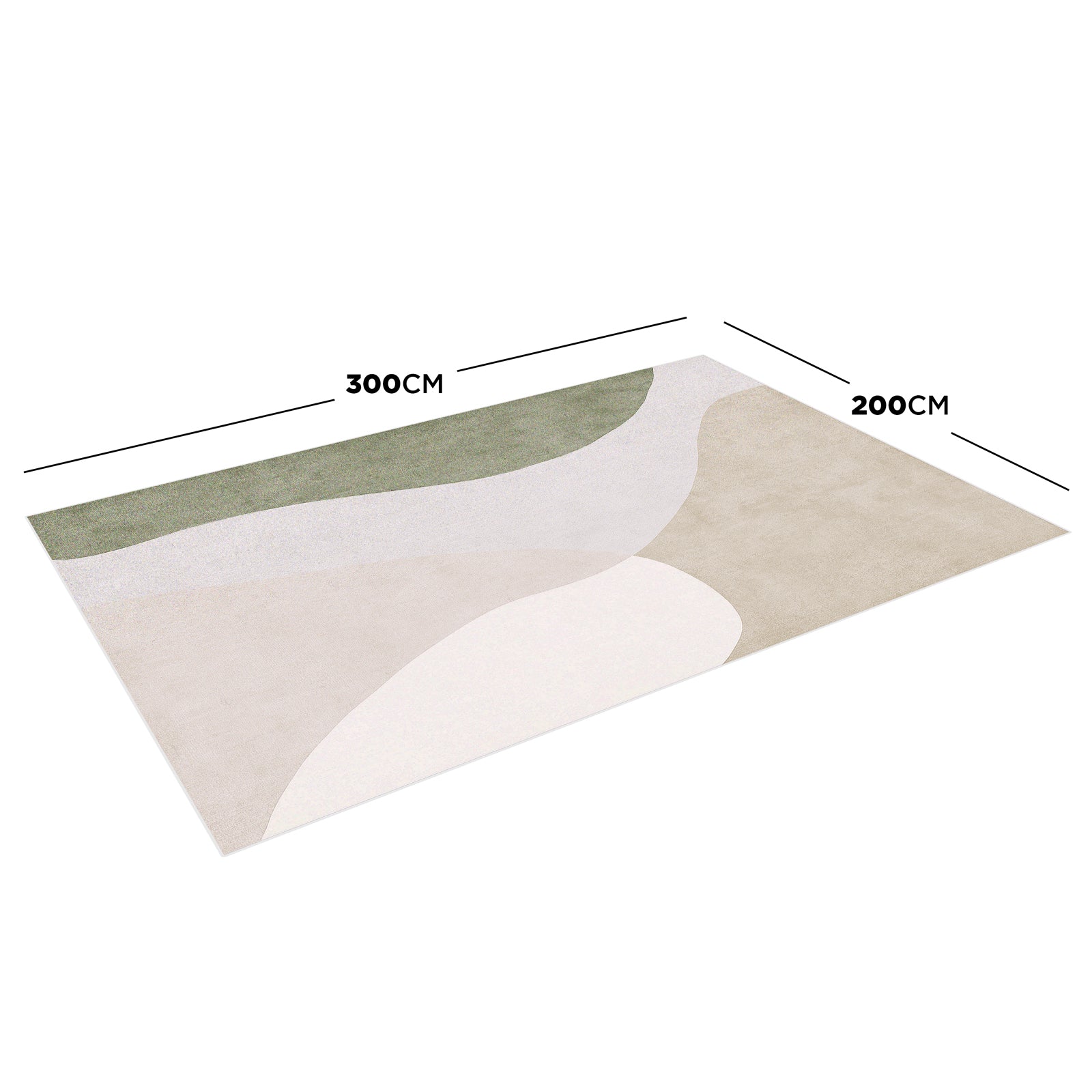 Gonas 200x300cm Large Abstract Indoor Floor Rug features flowing abstract shapes in muted tones, offering a plush texture. The dimensions are clearly indicated at the edges.