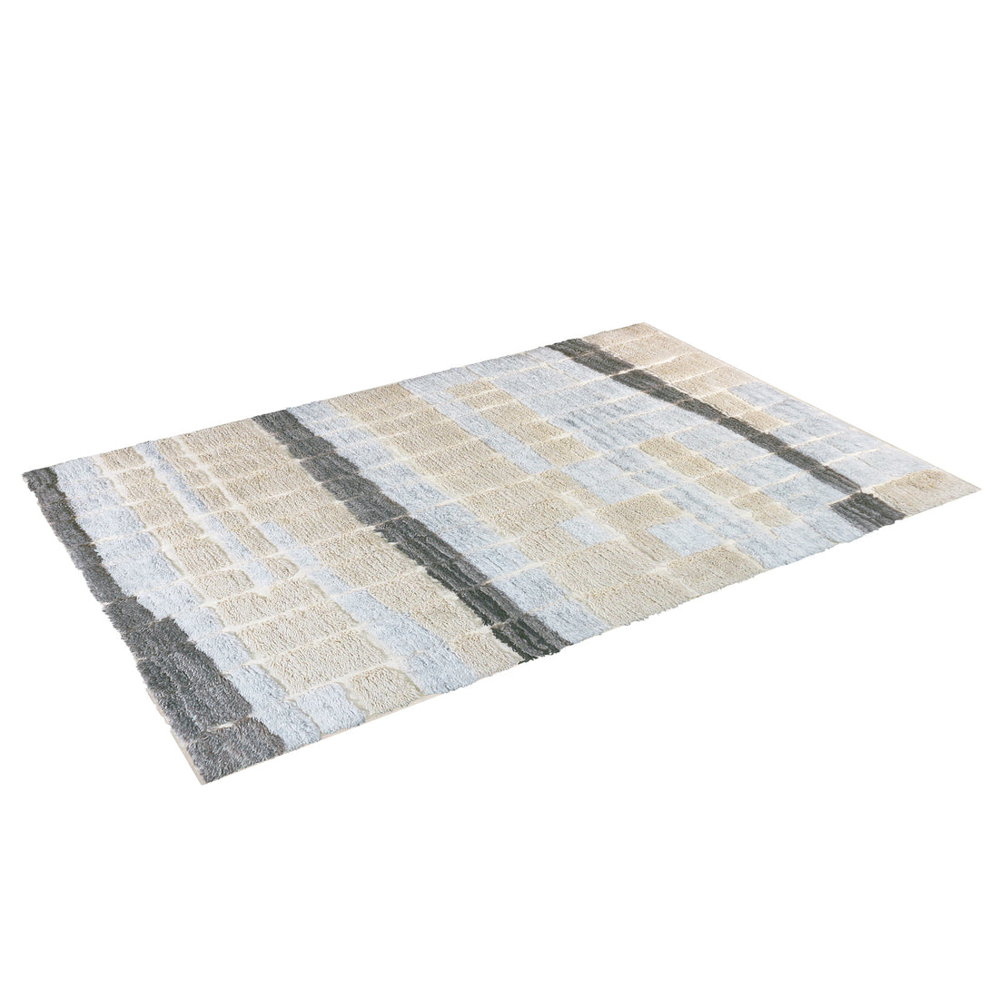 Isaac 200x300cm Abstract Wool Blend Handwoven Shag Rug features a subtle checkerboard pattern. This low-pile, handwoven rug combines textures in beige, off-white, and grays for a modern, elegant look.