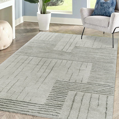 Jabeza Soft Contemporary Printed Rug 200x300cm showcased on a floor, highlighting its 12mm pile height and modern design, emphasizing the durable polyester texture with anti-slip backing.