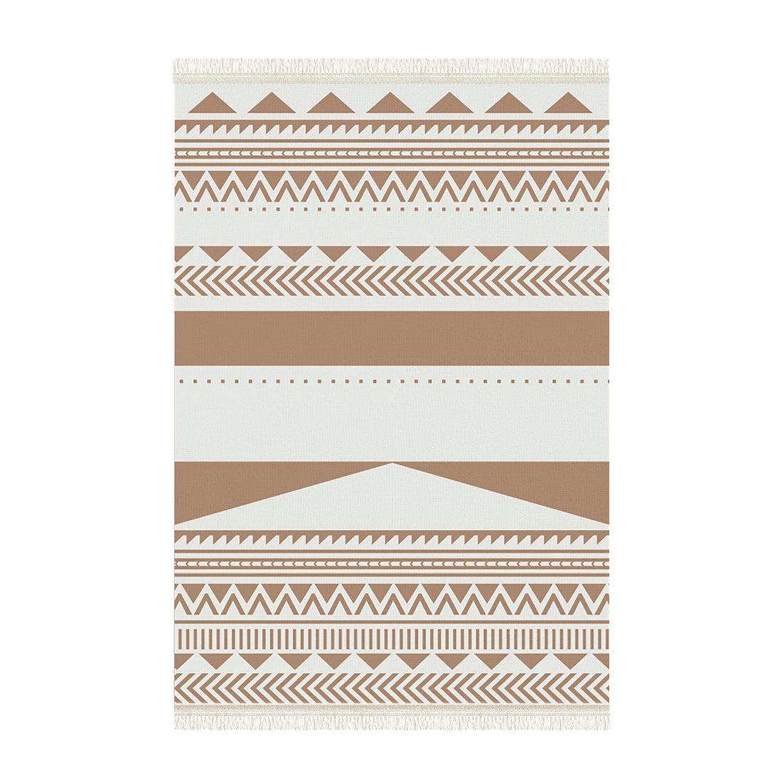 Kaley 160x230cm Woven Cotton Blend Tasseled Indoor Rug features geometric patterns with triangles, zigzags, dotted lines, and fringes, offering a contemporary tribal style for versatile home decor.